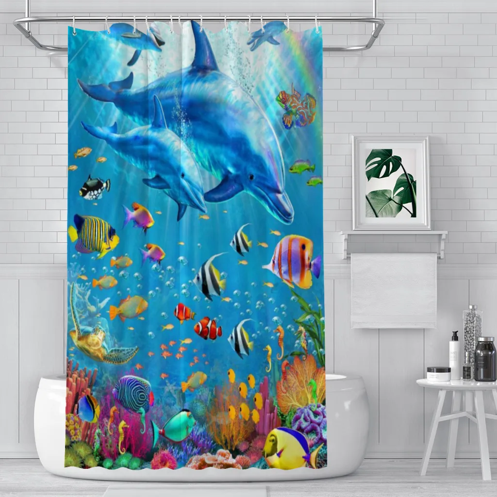 

Dolphin Blue Underwater World Marine LifeUnique decor Modern Fabric Bathroom Shower Curtains art design Print Curtain