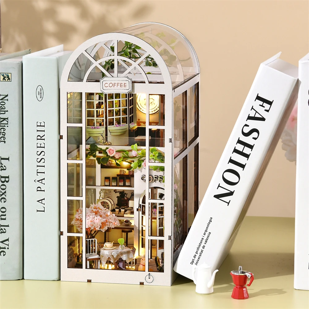 Sunshine Coffee Shop DIY Book Nook Kit 3D Wooden Puzzle Home Decoration House For Bookshelf Miniature Insert Stand Bookshelf