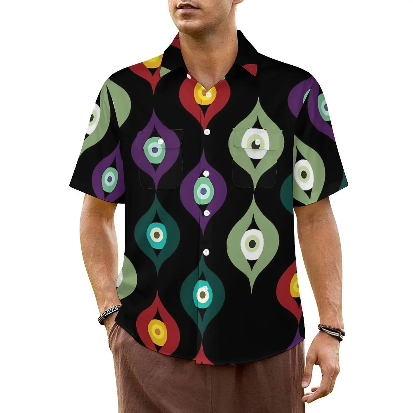 

Evil Eye Print Beach Shirt Men Colorful Eyes Novelty Casual Shirts Hawaiian Short Sleeves Street Design Oversized Blouses Gift