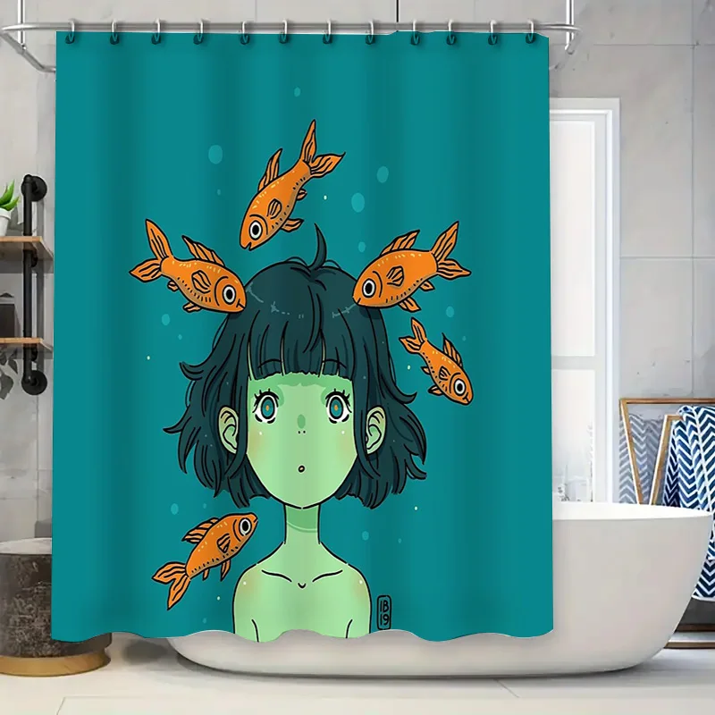 Anime Girl Shower Curtain Cute Manga Decor Japanese Kawaii Room Divider Backdrop Washroom Artistic Print Home Textile Gift