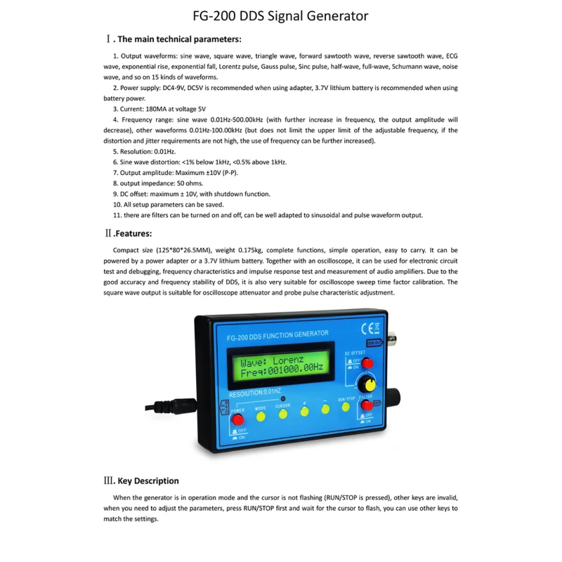 Generator sygnału funkcji DDS FG-200 miernik częstotliwości 0.01Hz-moduł źródło sygnału 500KHz Sine + kwadrat + przebieg piłokształtny