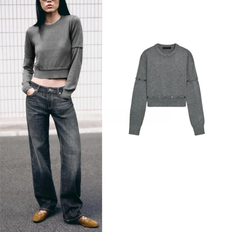 

Новое осеннее поступление, женский вязаный длинный свитер с круглыми пуговицами и декором, съемный свитер, облегающий темно-синий свитер из полиэфирного волокна