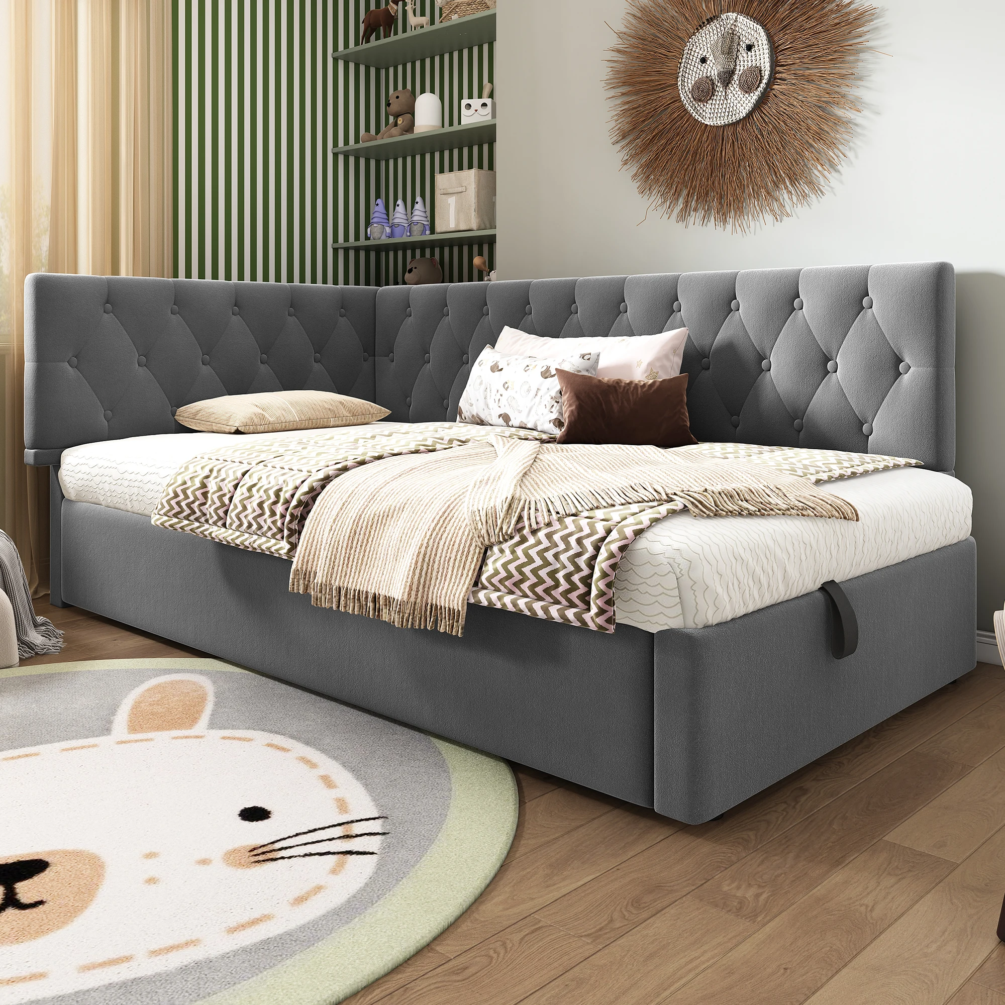 Lit banquette 1 place, coffre hydraulique et tête de lit réversible, 90 × 200 cm, sans matelas - Velours gris