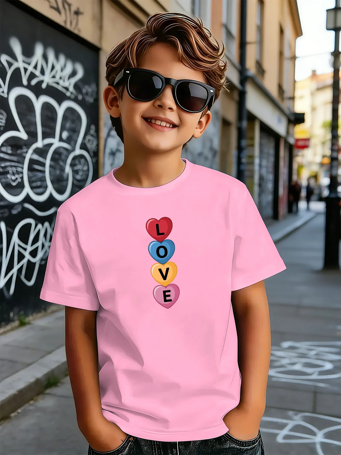 Vertical Colorful Hearts Love Graphic Kids T Shirt Boys Girls Short Sleeve Crew Neck Cotton Parent Matching Tops Toddler Youth
