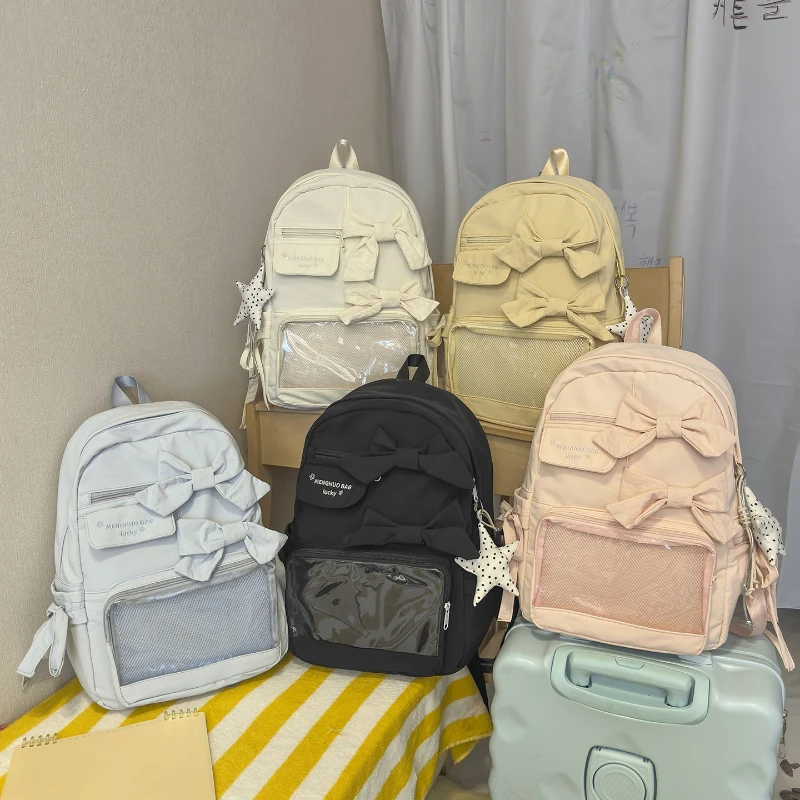 Japan Style Pain Backpack with Bowknot Sweet Large Capacity Student Backpack Cute Daily Girls Backpack for School Ita Bag