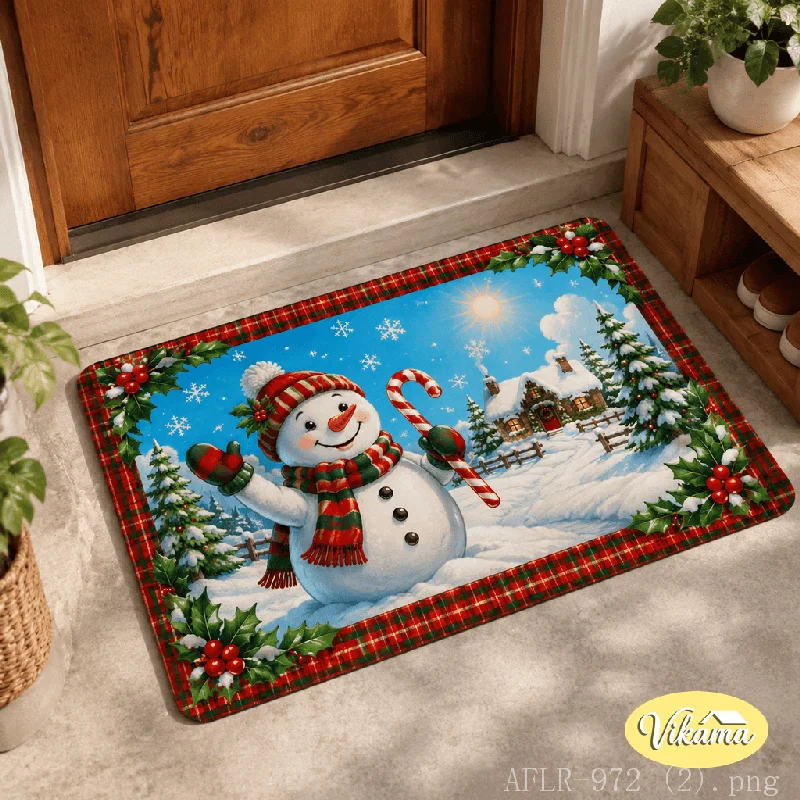 VIKAMA Christmas Snowman Doormat Xmas Plaid Border Winter Cabin Print Non‑Slip Floor Mat For Entrance Home Holiday Decor