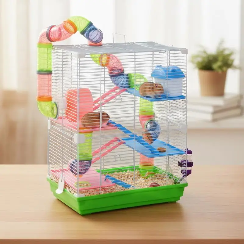 

5 Tier Hamster Cage Carrier Habitat w/ Exercise Wheels, Tunnel, Green