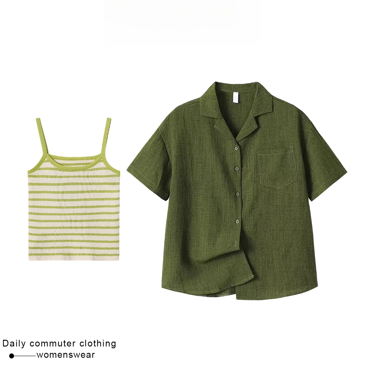 

Coshehkg Lazy Loose Retro Shirt Knitted Stripe Strap Two-Piece Set Women Summer New Short Sleeve Set Casual Style Collar