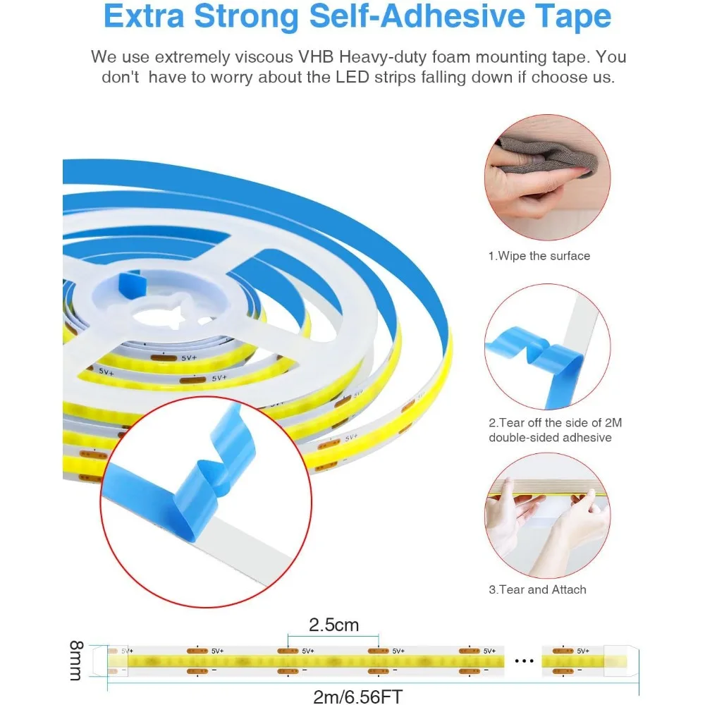 Aclorol 5V COB LED Strip Light 6.56FT 640LEDs Warm White LED TV Backlight with 1M USB Cable Flexible Under Cabinet Tape Light fo