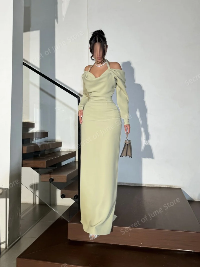 우아한 연녹색 여성용 맞춤형 오프숄더 긴팔 롱 이브닝 드레스, 새틴 갈라 가운