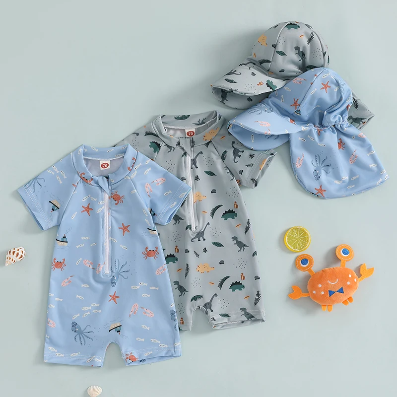 

Купальник Rash Guard для маленьких мальчиков, комбинезоны с принтом динозавра/рыбы, на молнии, с короткими рукавами, солнцезащитный купальный костюм с шапочкой для плавания