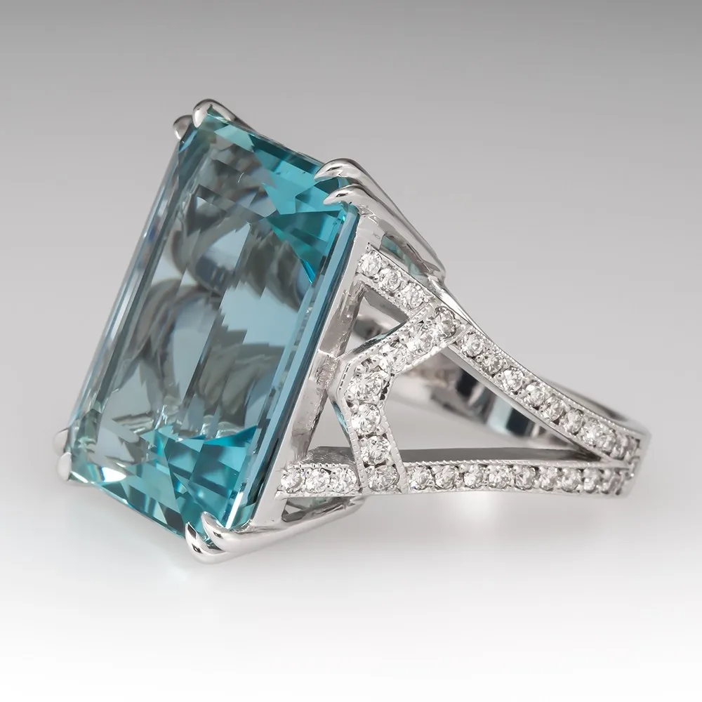 Sea blue topaz square diamond princess ring Europe and the United States fashion engagement ring female