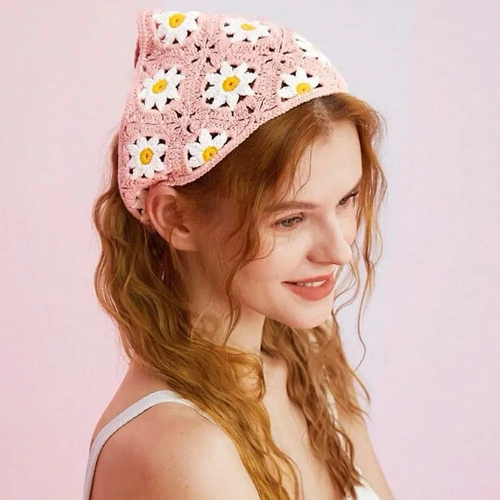 

1 pcs women's hair scarf fashionable sweet cute kawaii Ladies' hair accessories rustic style knitted flower triangular headscarf