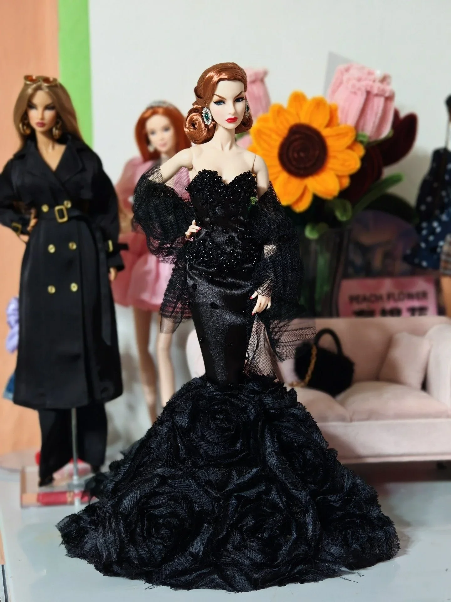 Luxury Evening Gowns Pink/Black Sequin Rose Senior Sense Fishtail Dress Doll Clothes Accessories For BB FR 1/6 scale dolls