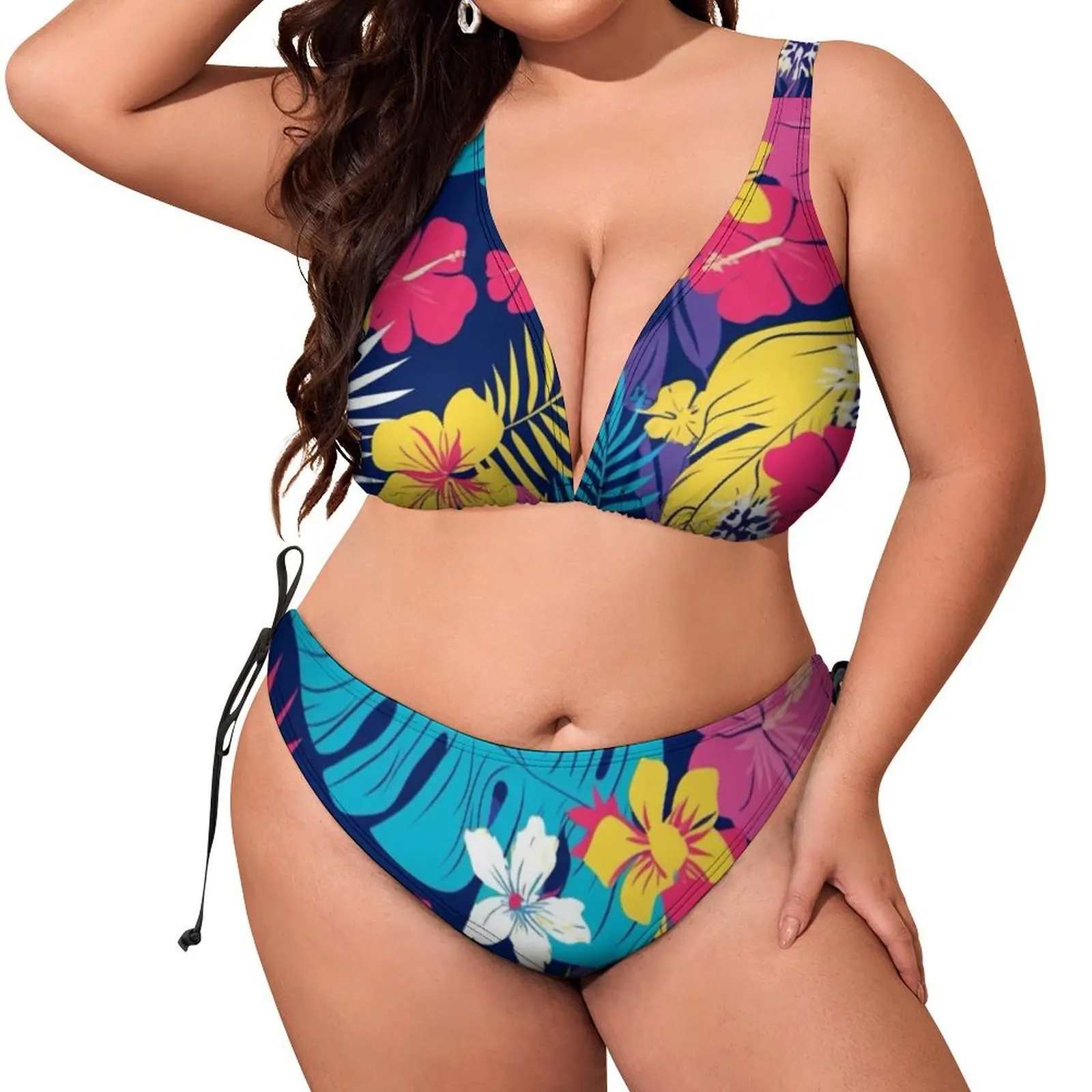 税込み価格 ツーピースビキニセット セクシーなホルターネックデザイン ハワイアンフラワーパターン バケーションの必需品 カスタマイズ可能
