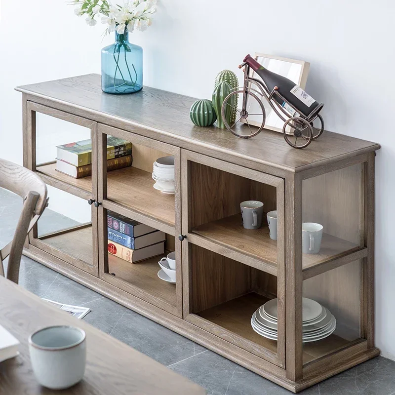 

European-Style American-Style Village Style Oak Solid Wood Glass Sideboard Cabinet