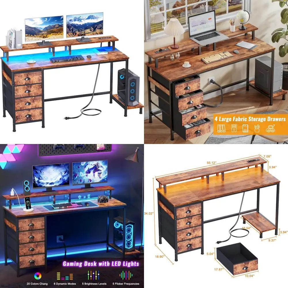 

55 Gaming Computer Desk with 4 Fabric Drawers, Power Outlets, and LED Lights for Home Office Use