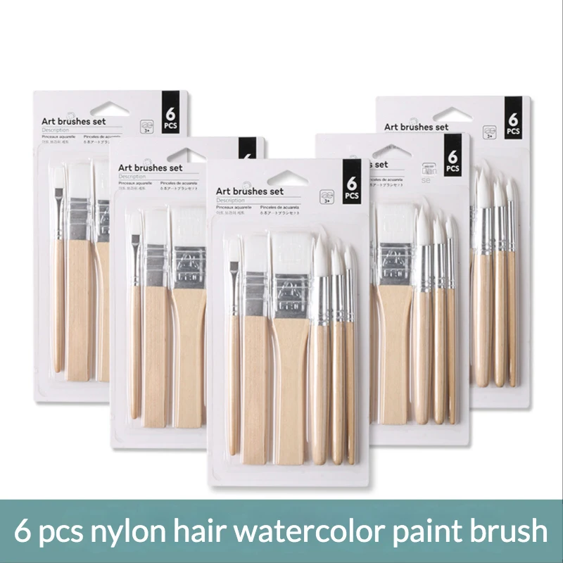 Log Nylon Hair Paint Brush 6Pcs Set Children's Watercolor Oil Painting Brush Thick Rod Tip Flat Head Art Supplies Cleaning Brush