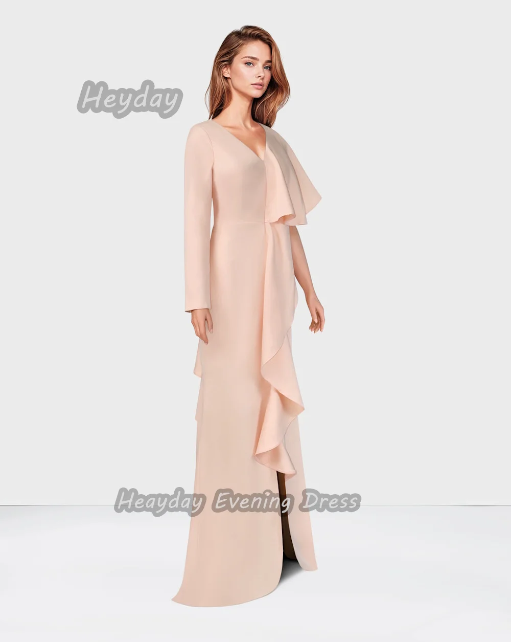 Heyday-vestido de fiesta con cuello en V para mujer, prenda Sexy de manga larga con volantes, de crepé recto, elegante hasta el suelo, de lujo, 2024