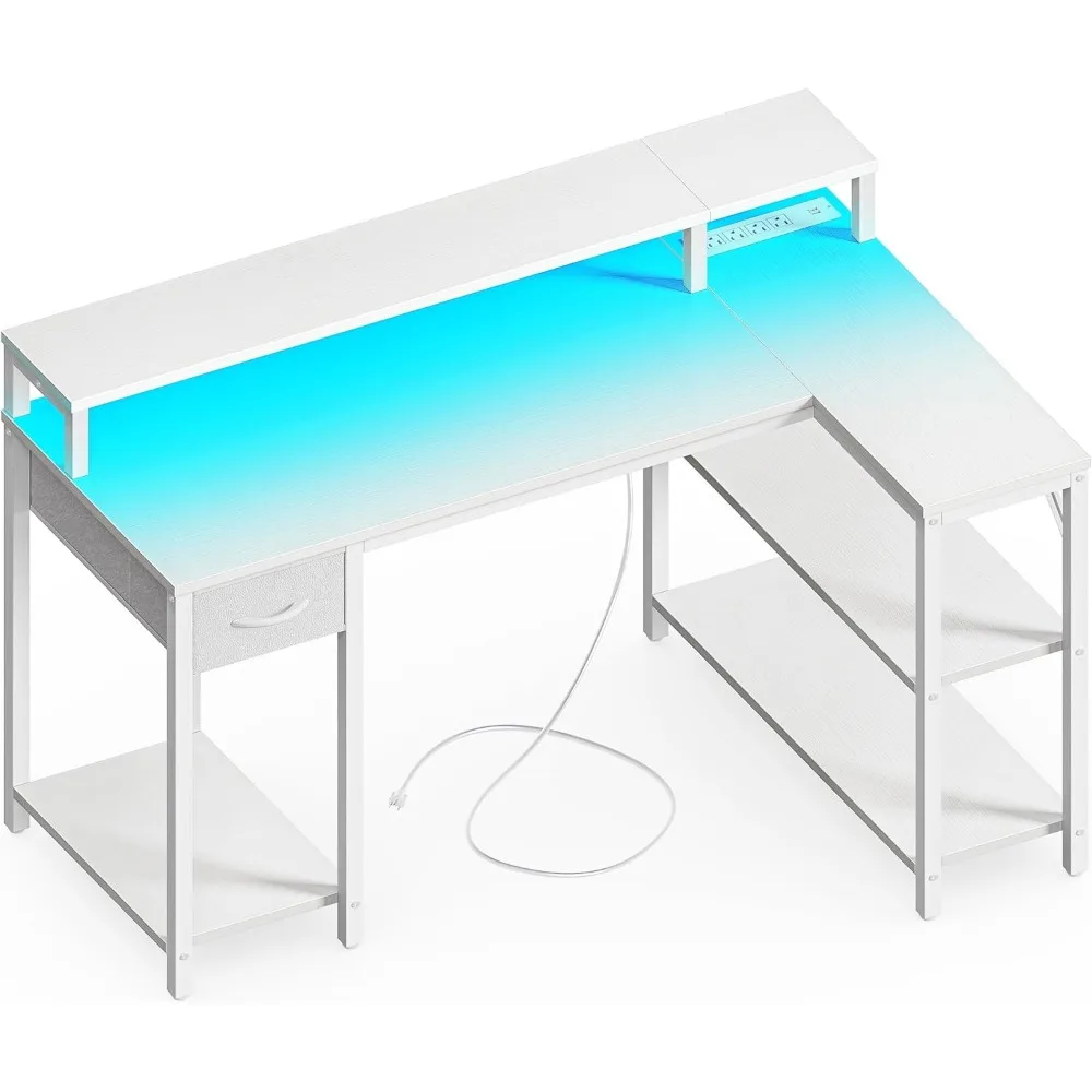 Mesa reversível em forma de L com luzes LED e Tomadas de Energia, Mesa do Computador com Prateleiras, Suporte do Monitor, Jogos,