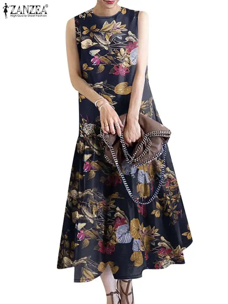 ZANZEA Summer Fashion Floral Printed Dress Women Bohemain Holiday Sundress Casual Sleeveless Maxi Vestidos Female Ruffles Robe