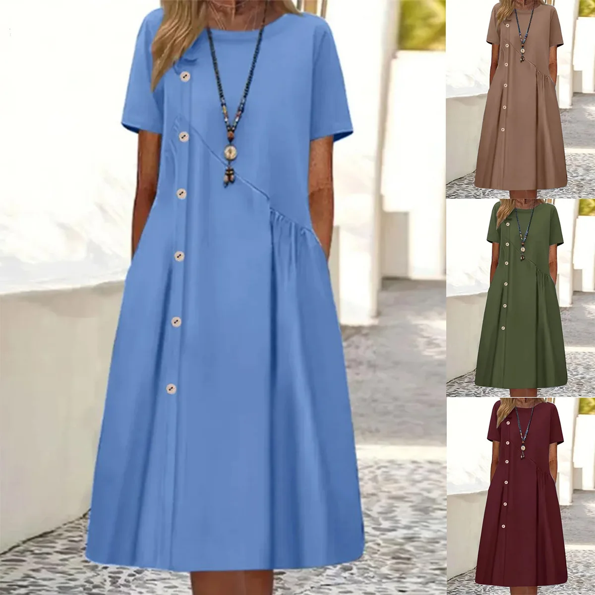 Vestido regata com botões de mulheres, estilo boho, o pescoço, casual, cor sólida, bolsos sem mangas, vestido midi, moda verão, novo, D141, 2024