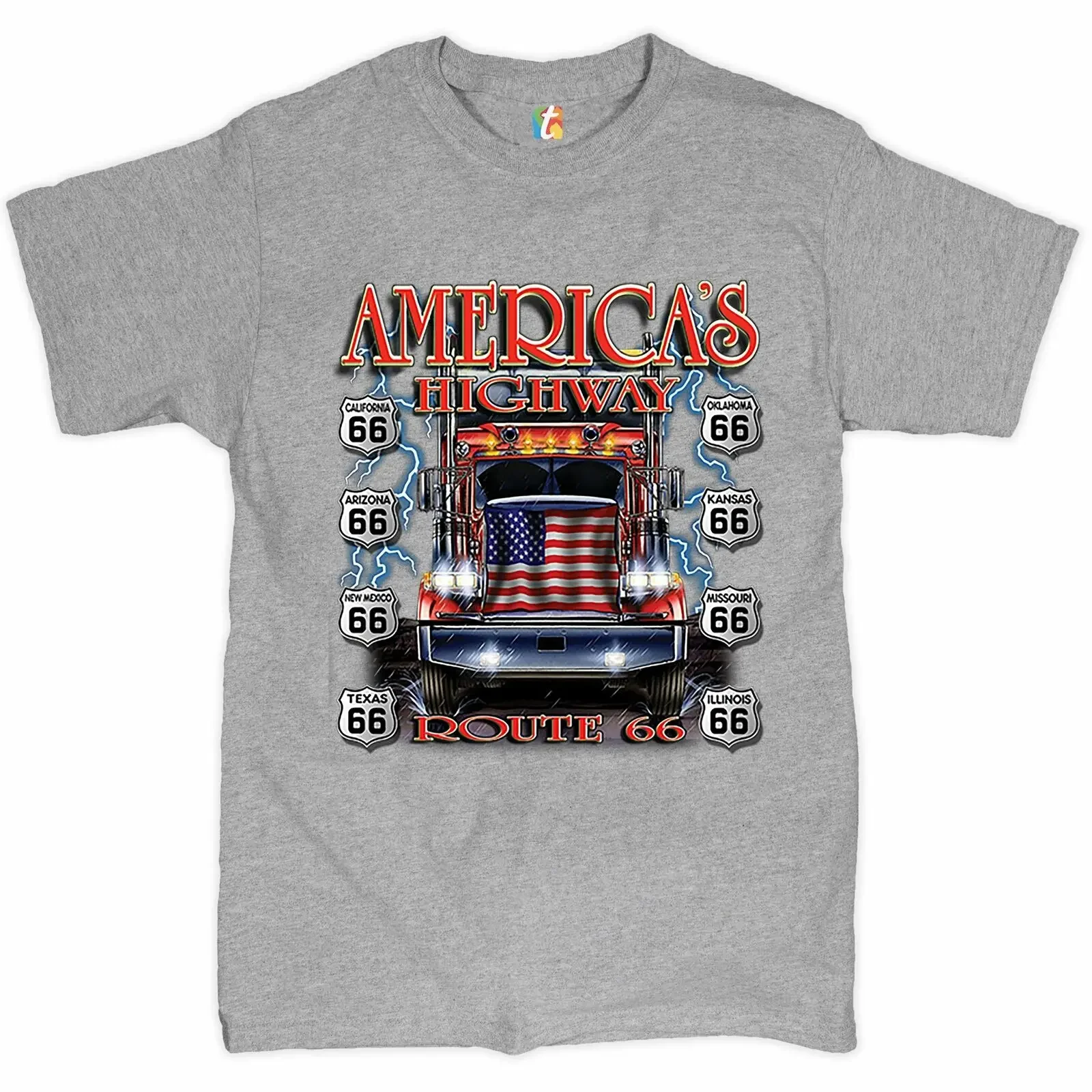 America's Highways Route 66  Truck American Flag Trucker Gift T-Shirt 100% Cotton O-Neck Summer Short Sleeve Casual Mens T-shirt