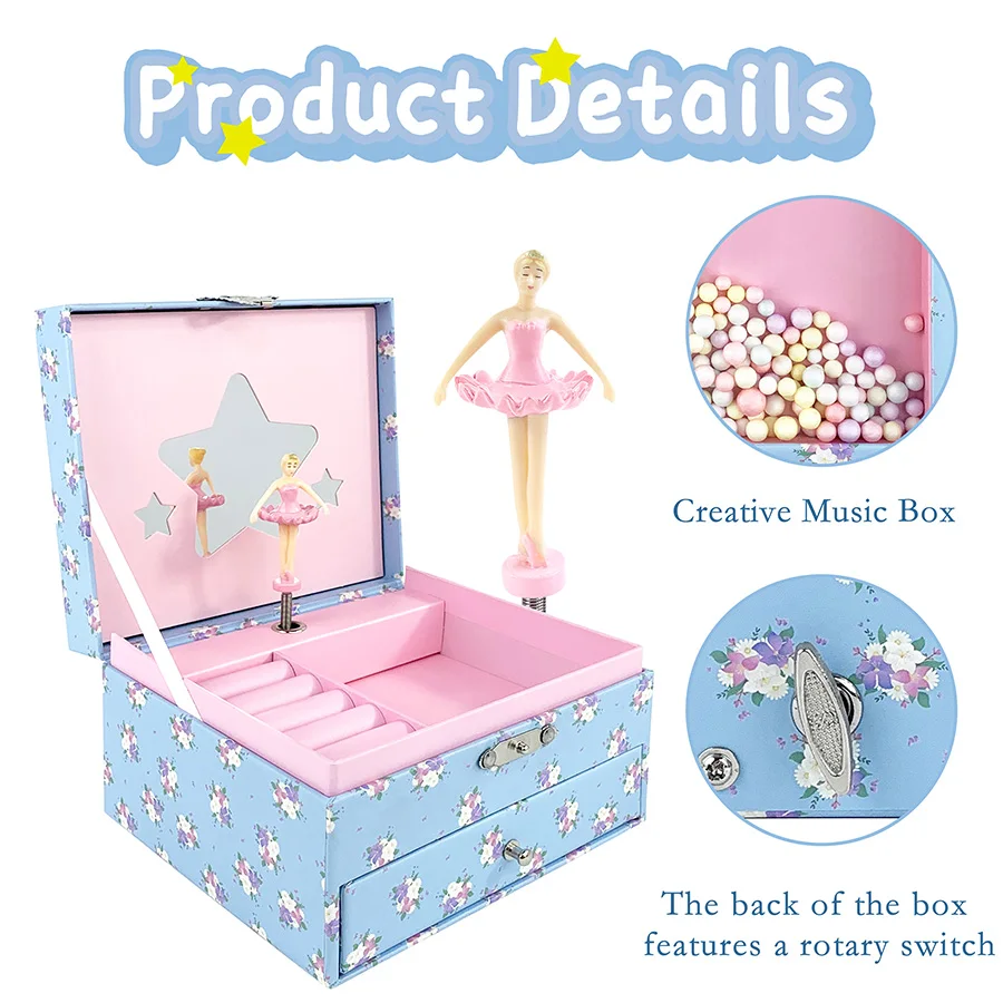 Trending Hit Release Shake Rattle Bead Window Ballerina Musical Jewelry Box Rotating Doll Star Mirror 2 Drawer Organizer All Hol