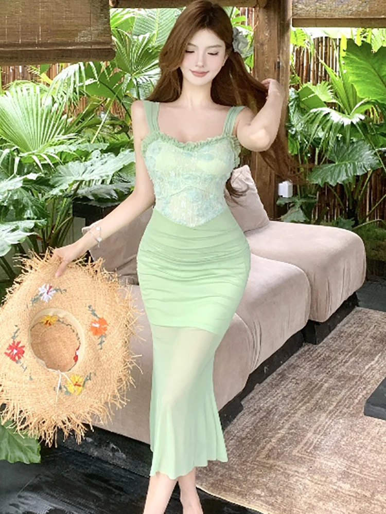 Women Green Mesh Patchwork Lace Jacquard Dress Summer Elegant Square Collar Sling Sexy Dress 2025 Korean Bodycon Ruffled Dresses