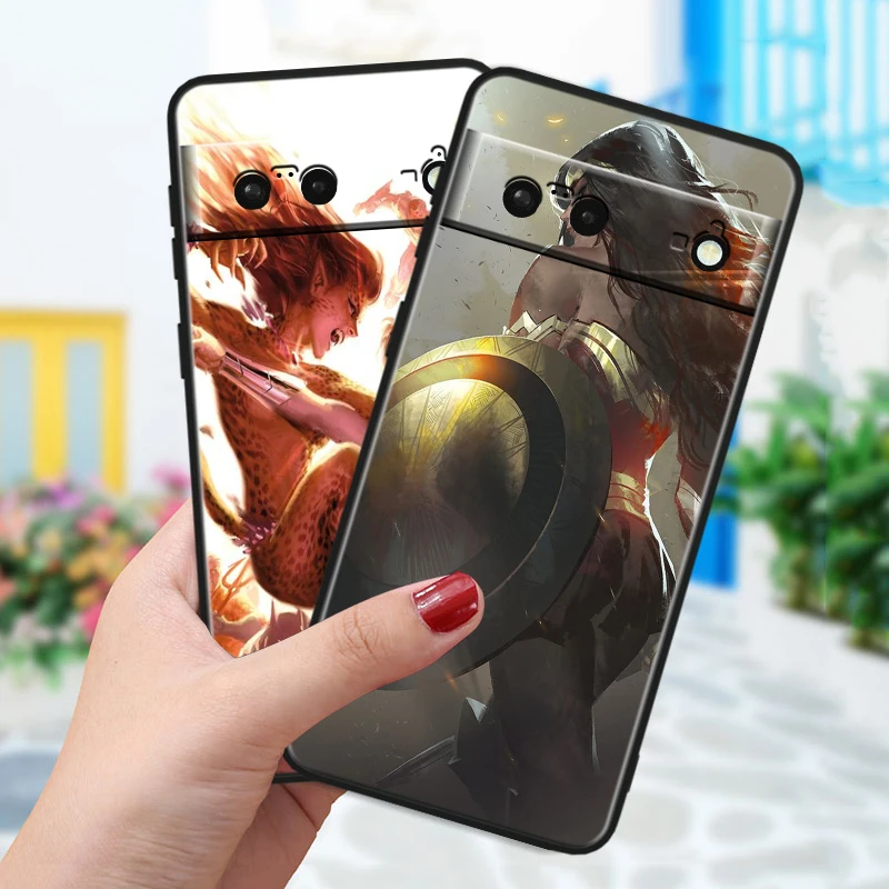 Cute Wonder Woman For Google Pixel 8 7A 6A 5A 5 4 4A XL Pro 5G Black Soft Shockproof Phone Case