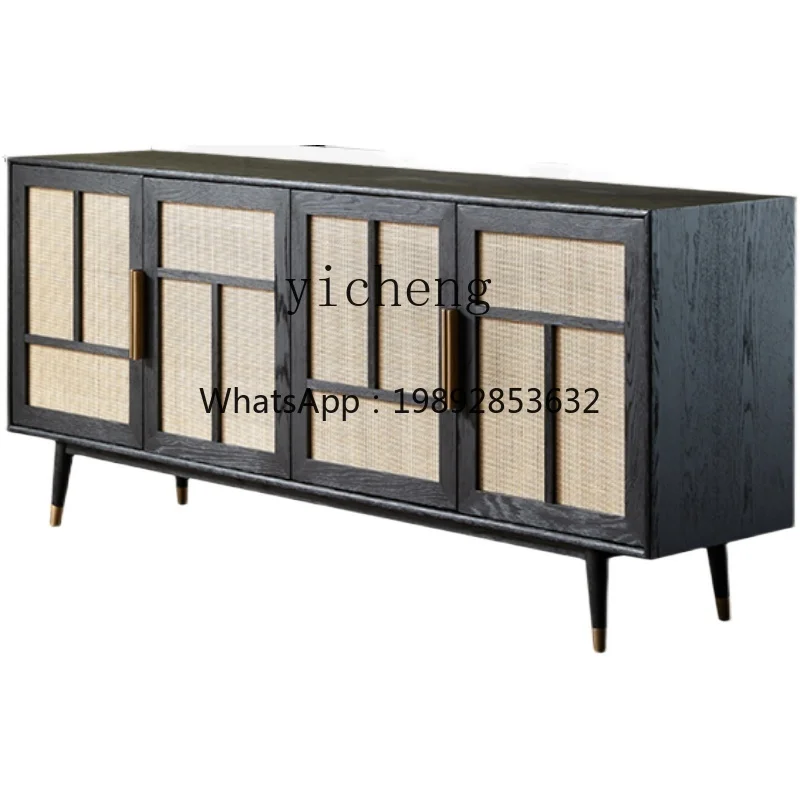 Rattan Light Luxury Solid Wood Four-Door Oak Sitting Room Cabinet Dining Side Storage Locker Wall Entrance Cabinet