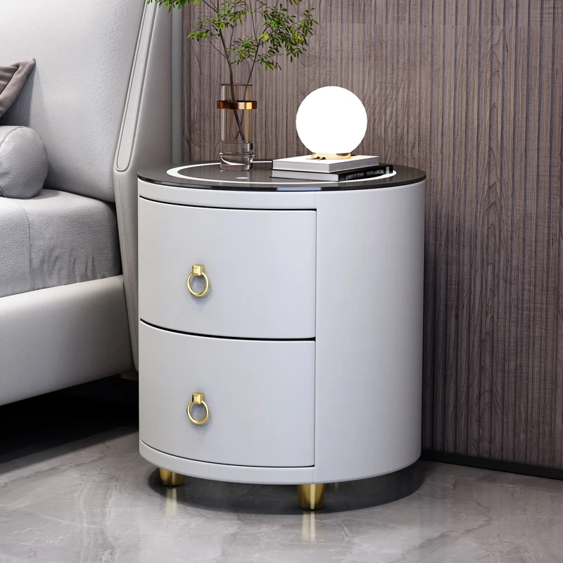 Light Brown Luxury Indian Artisan Hand Made Natural Solid Premium Wood Drawers Attached Elegant Round Nightstand Bedside Table