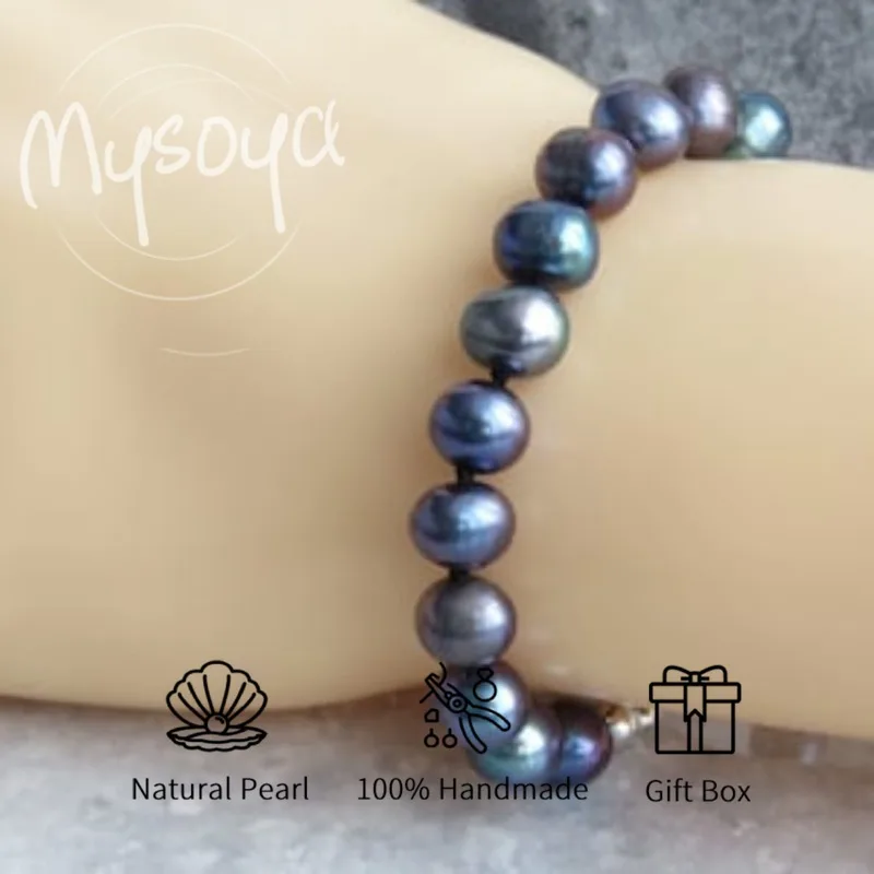 

MYSOYA Peacock Black Freshwater Pearl Bracelet 7-8mm With Gift Box For Her/Him Birthday/Wedding/Christmas Gift