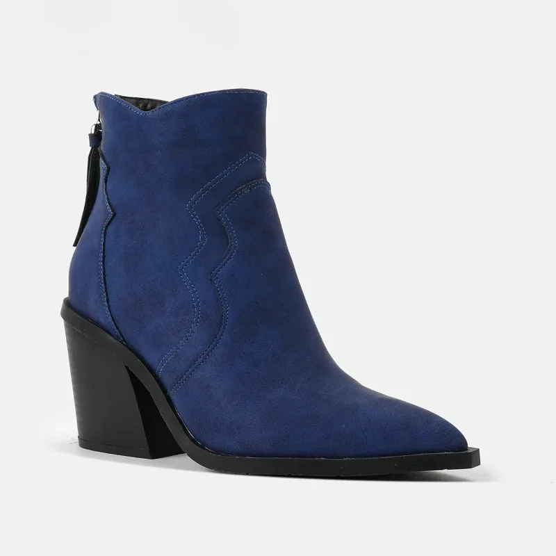 

Women Boots High Quality Suede Casual Ankle Boots Temperament Pointed Tip Thick Heel Short Boot Western Cowboy Boots Botas Mujer
