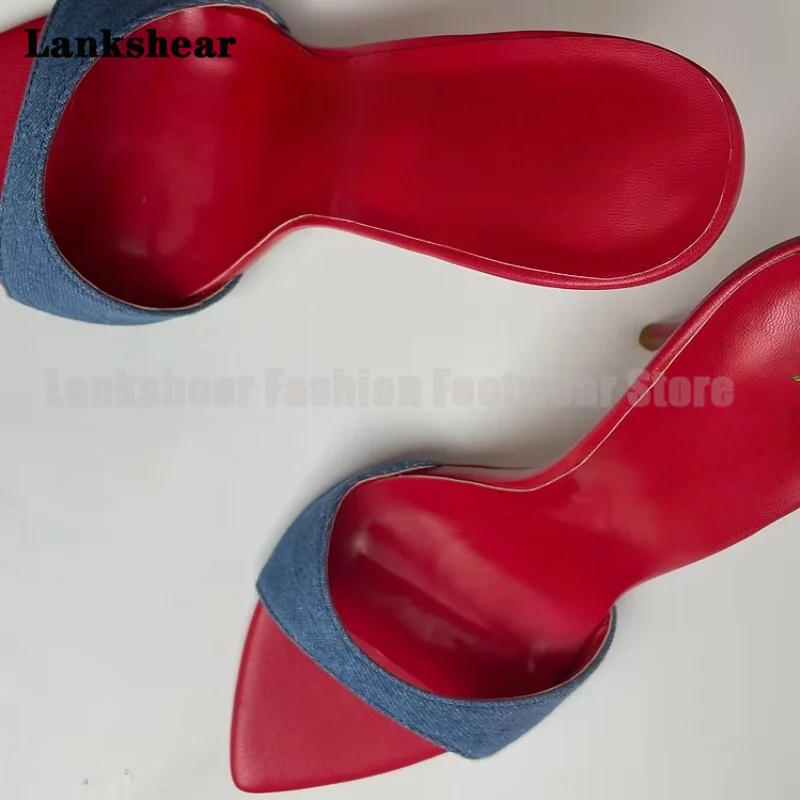 Demin Pointy Toe Stiletto Mules Slippers Sexy Patchwork Red Inside Sandals Elegant Women Shoes Summer Sandalias De Mujer Verano