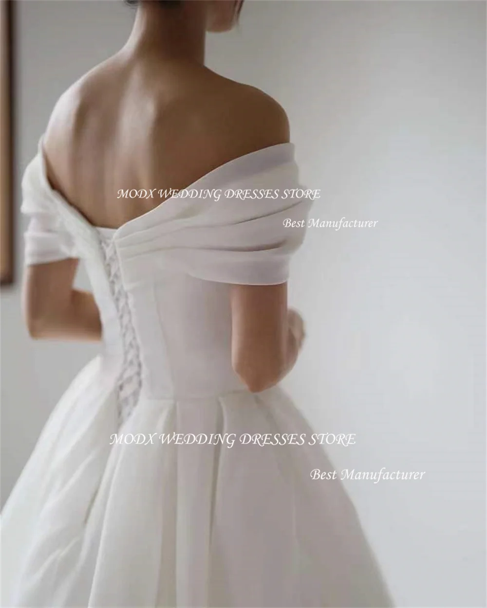 MODX White Simple V-Neck Tulle Korea Wedding Dresses Photo Shoot A Line Off the Shoulder Pleat Lace Up Bridal Gown Customized