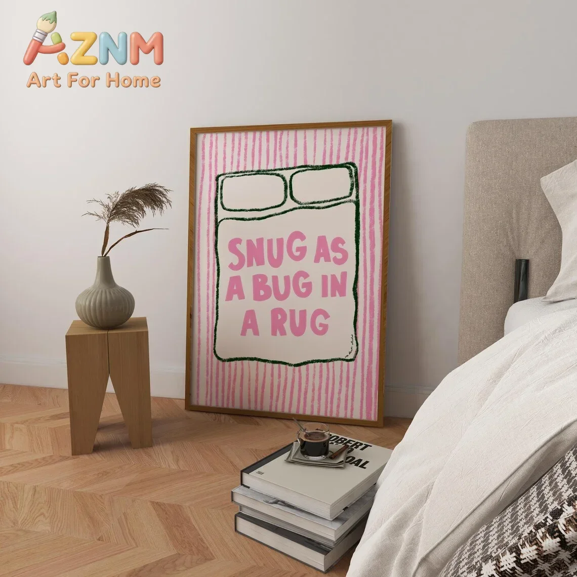 AZNM Snug As A Bug In A Rug Canvas Wall Art Pink Striped Bed Quote Hand Drawn Art Print Unframed Canvas Poster for Bedroom Decor