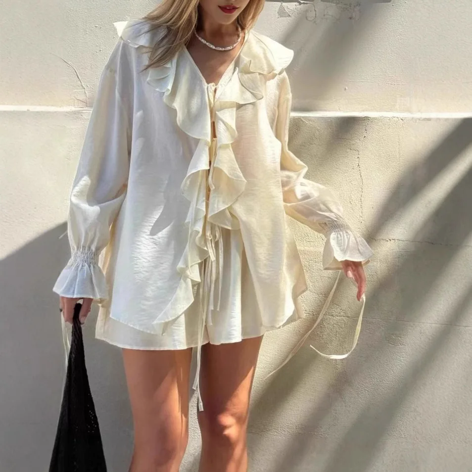 New Casual Shorts Two-piece Set Women's Fashion Ruffled Loose Tie Top Simple Shorts Set Office Lady Summer Female Shorts Set