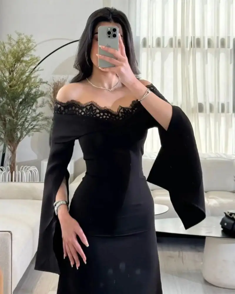 Beshinel Customized Black Off The Shoulder Lace Stitching Evening Dress Luxury Elegant Sexy Long Sleeves Wedding Party Gowns