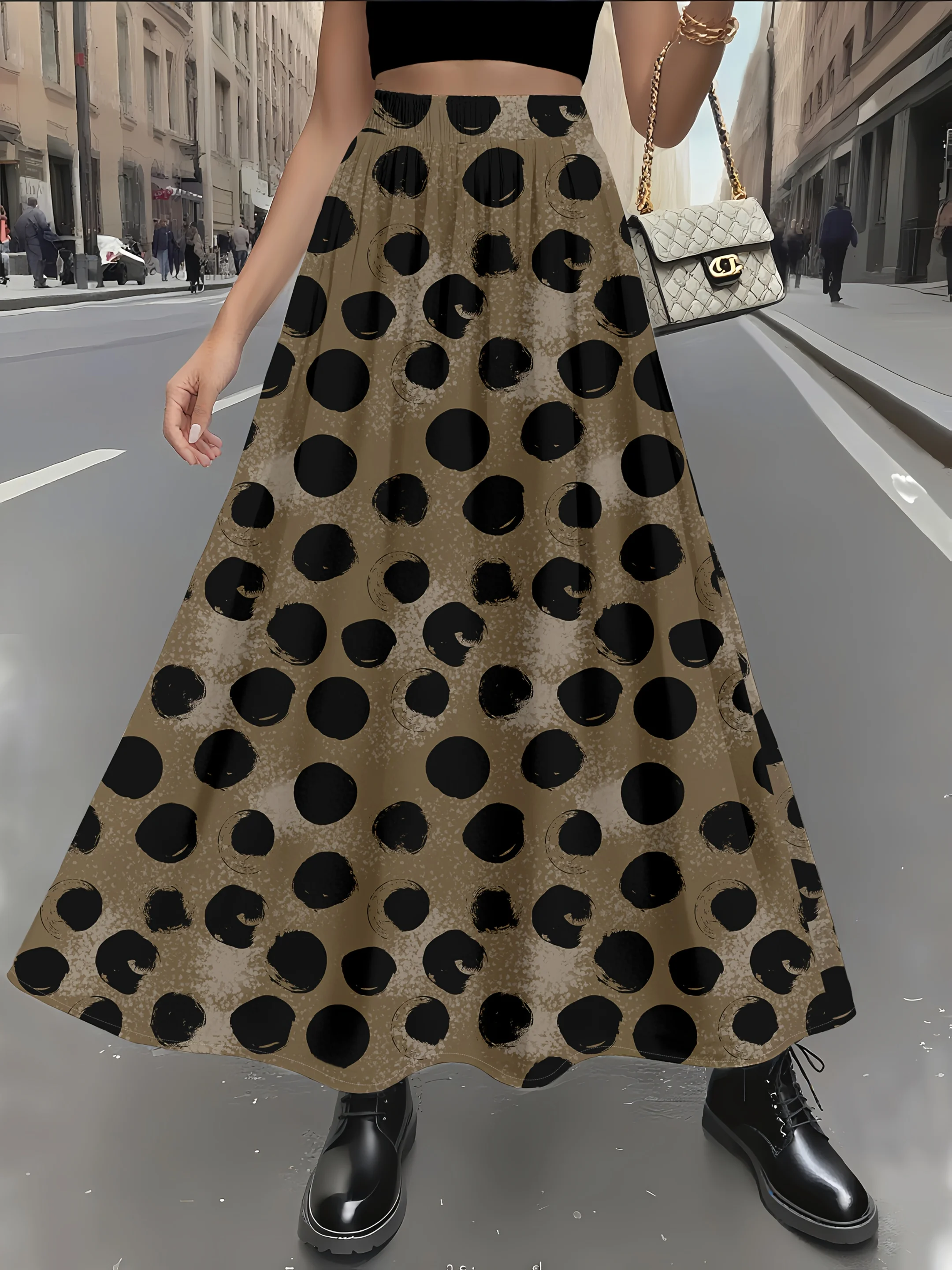 

Юбка с принтом в повседневном стиле на все времена года, коричневая, черная, с узором в горошек.