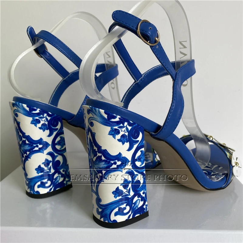 Rivet Flower Embellished Modern Sandals Women Blue And White Porcelain Print Chunky Heel Ankle Strap Summer Shoes