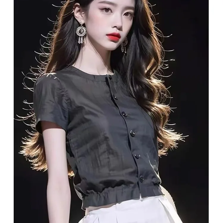 

Elegant Black Short Sleeve Shirt Women's Fashionable Unique Beautiful Summer Top Lightweight Luxury Feel Polyester Fiber