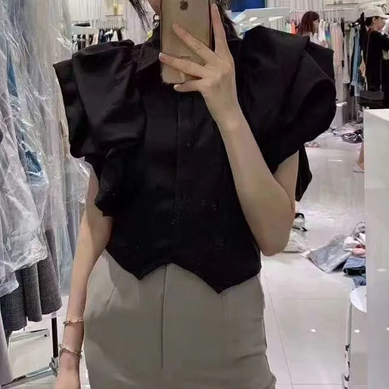 Summer Camisas Tops Mujer 2024 Shirts for Women Lantern Short Sleeve Blouse Black White Roupas Blusas Pleated Ruffled Doll