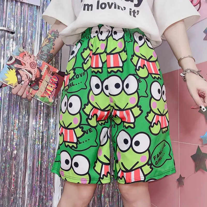 

Короткие штаны Sanrio Keroppi, милая аниме одежда большого размера, японская универсальная свободная одежда с принтом, без карманов, Мультяшные повседневные шорты