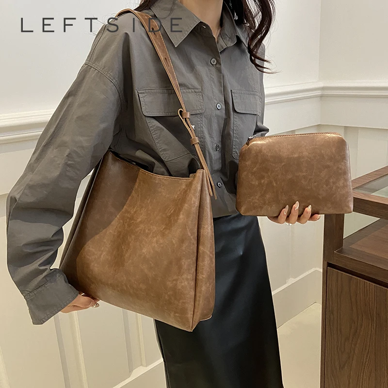 LEFTSIDE 2 Pcs/set Retro Big Shoulder Bags for Women Simple Tote Bag 2024 Winter PU Leather Hand Bag Lady Vintage Handbags