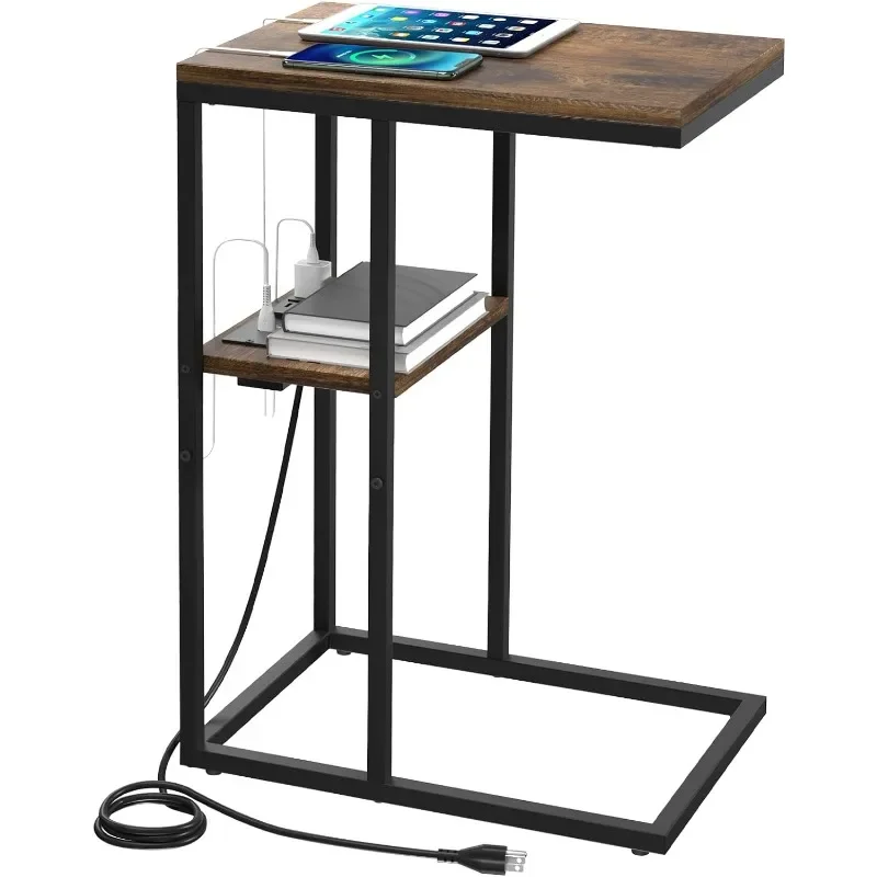 

C Shaped End Table with Charging Station for Living Room, Bedroom, Sofa Table with USB Ports and Outlets for Small Spaces