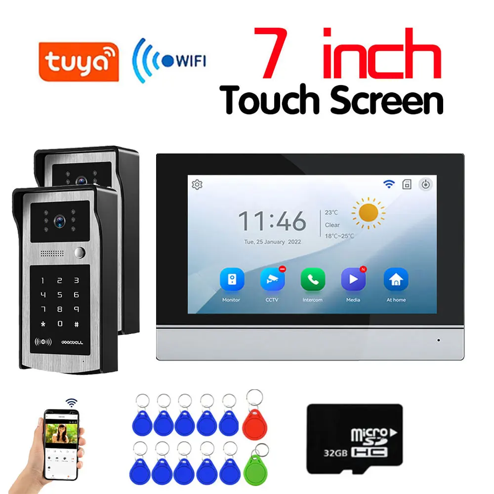 Tuya Wifi 2pcs 7 Inch Touch Screen Video Intercom Kit for Family HD Video DoorPhone Password / APP Unlock Doorbell Camera