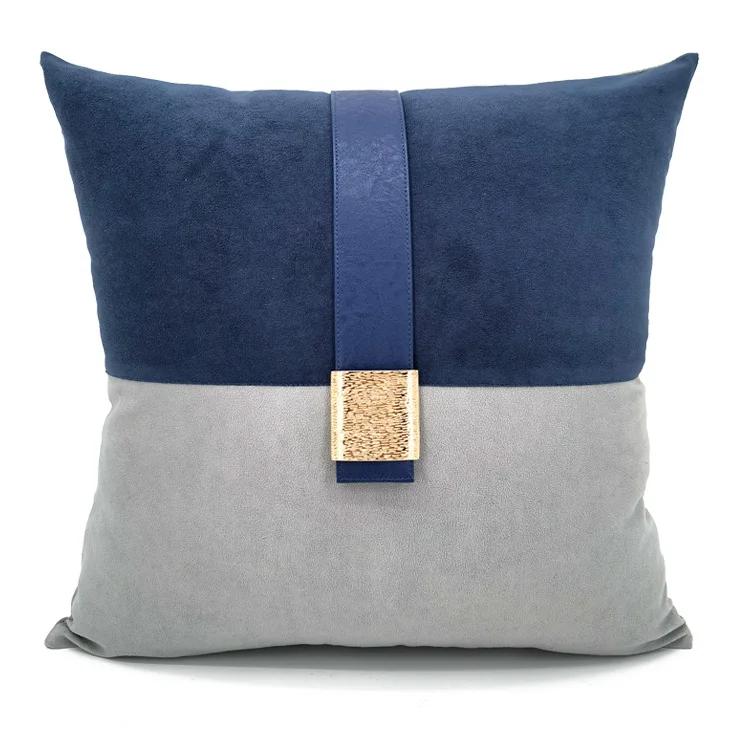 light luxury blue grey patchwork suede cushion cover golden buckle pillowcase sofa waist pillow cover