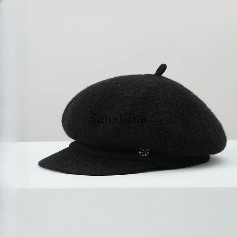 Female autumn and winter pure wool warm retro painter hat rich British wide-brimmed beret