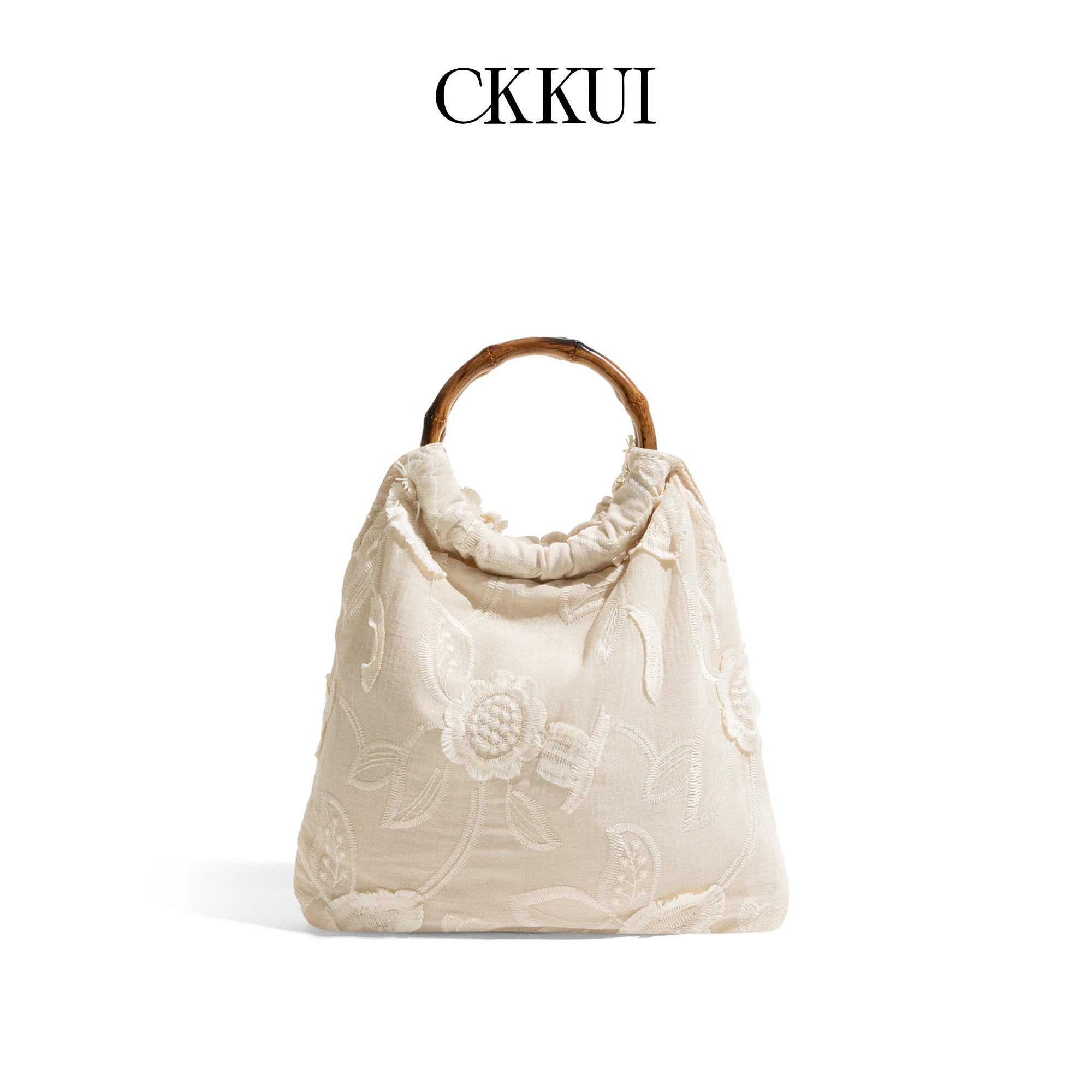 CKKUI Vintage Flower Embroidered Bamboo Handle Handbag, Beige Cotton Phone Bag, Elegant and Exquisite Women's Bags
